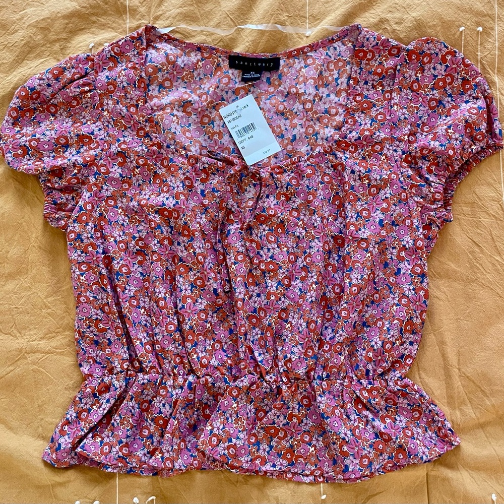 Sanctuary Pink and Red Floral Puff Sleeve Peplum Blouse